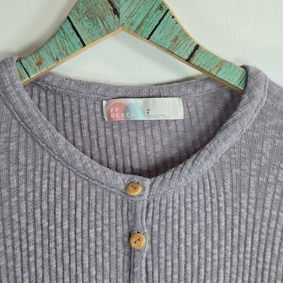 Free People Beach Oversized Assym, Thermal Waffle Knit 3/4 Length Slv Top, Lg - Picture 5 of 7